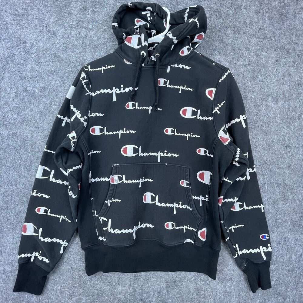 Champion Reverse Weave Hoodie Mens Small Black All Over Logo Script Sweatshirt